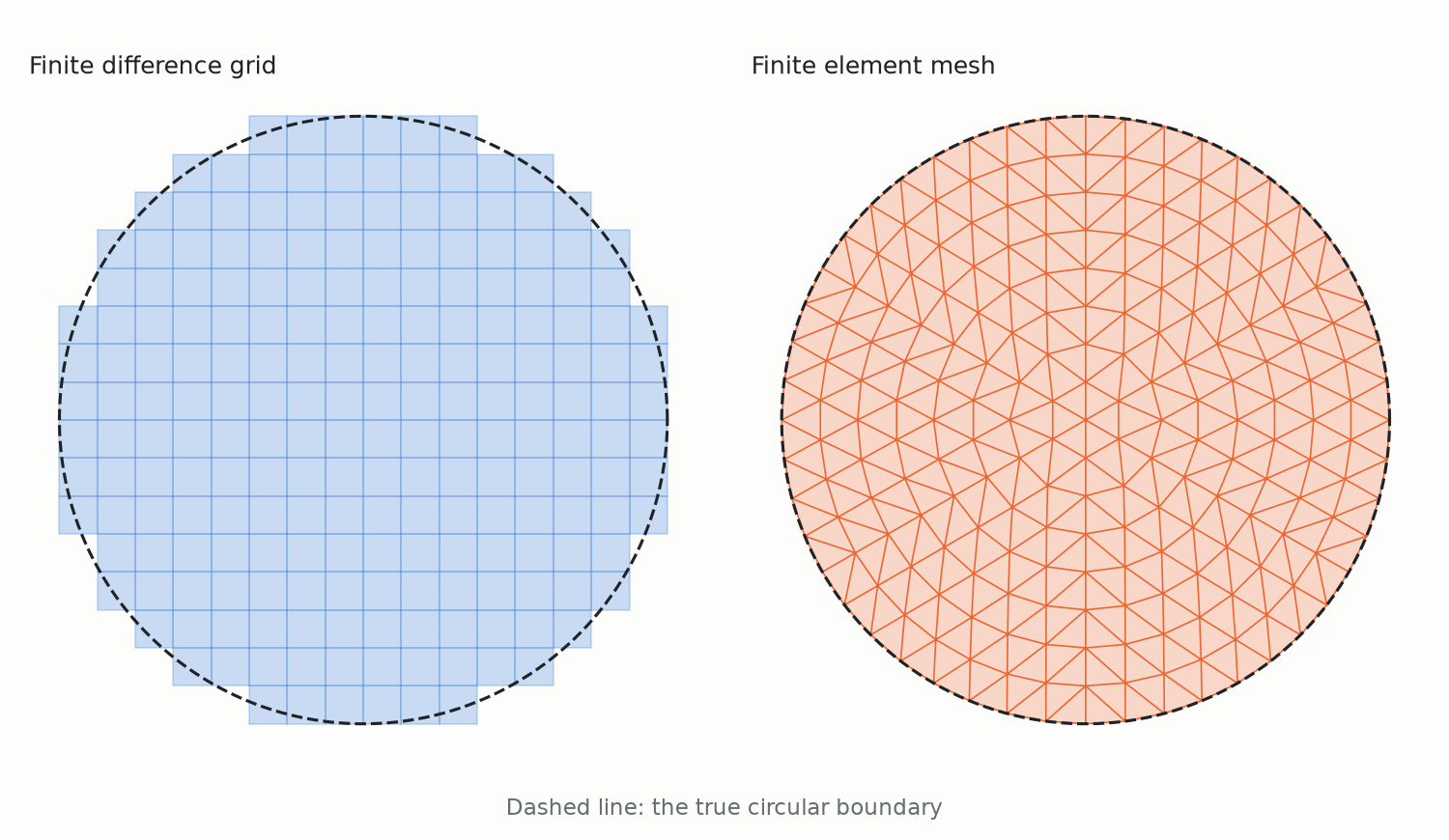A circular domain discretised with a finite difference grid, giving a staircase boundary, and with a triangular finite element mesh that follows the circle