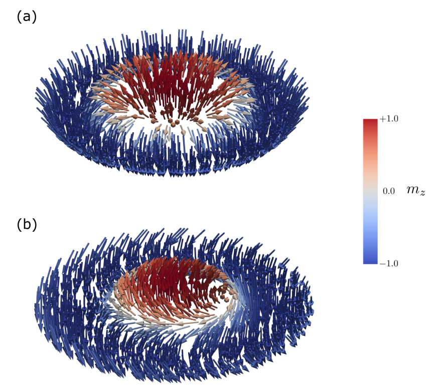 Simulated magnetisation in a thin disk, with arrows showing the magnetisation direction coloured by its out-of-plane component: (a) a Néel-type skyrmion and (b) a Bloch-type skyrmion